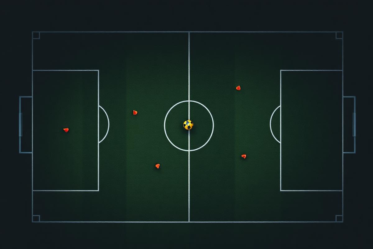 Top-down view of a football pitch set up with cones for a drill